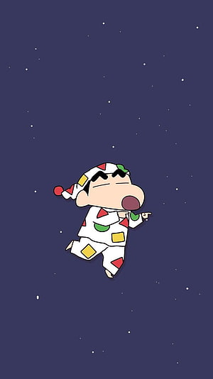 Shin Chan in pajamas floating through a starry night sky HD phone wallpaper