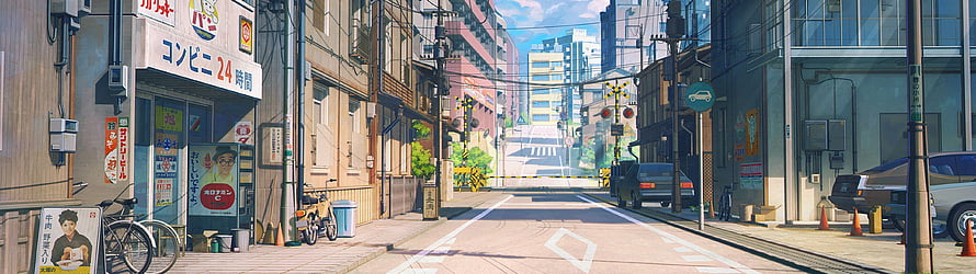 Sunny Japanese City Street Scene With Convenience Store And Railway Crossing HD wallpaper