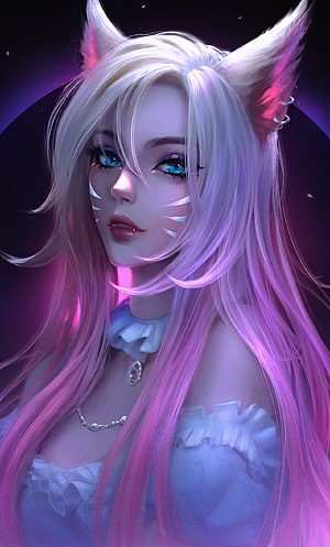 Ahri KDA Fantasy Portrait with Neon Pink and Purple Lighting HD phone wallpaper