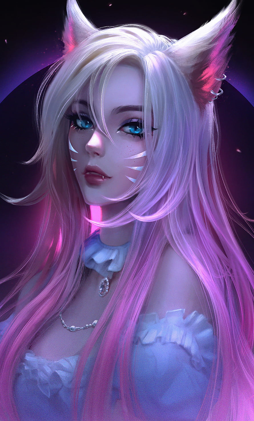 Ahri KDA Fantasy Portrait with Neon Pink and Purple Lighting HD phone wallpaper
