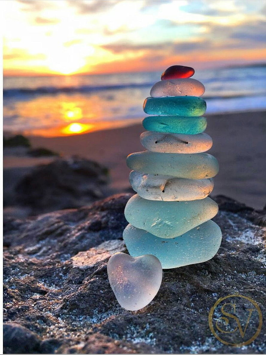 Stacked Sea Glass Stones on Beach Rock at Sunset with Heart Shape HD phone wallpaper