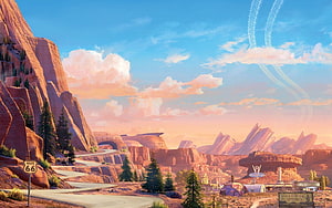 Radiator Springs Desert Townscape with Route 66 Sign and Red Rock Canyon HD wallpaper