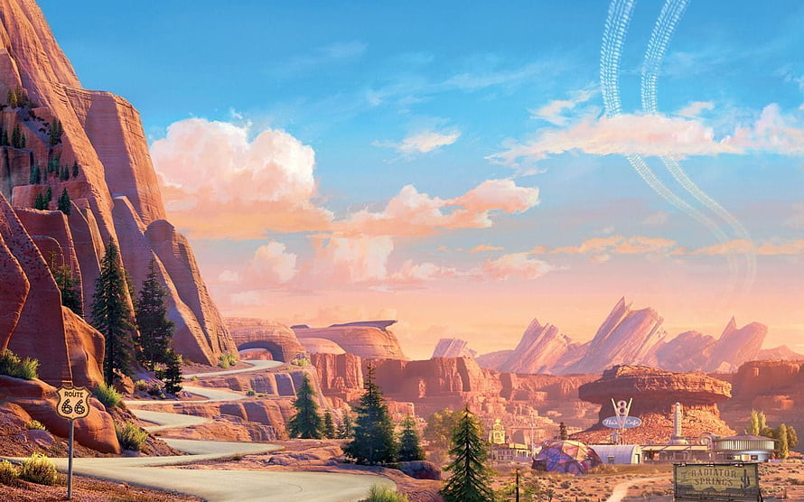 Radiator Springs Desert Townscape with Route 66 Sign and Red Rock Canyon HD wallpaper