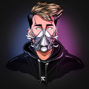 Stylized Digital Portrait of a Man Wearing a Tactical Gas Mask and Black Hoodie, Scout pubg logo, pubg creative profile HD phone wallpaper