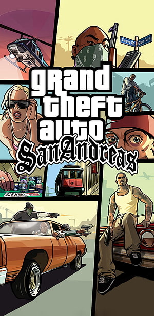 Grand Theft Auto San Andreas Comic Style Poster with CJ and Characters HD phone wallpaper