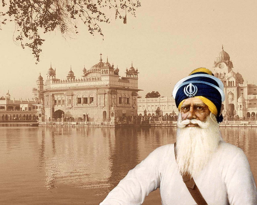 Baba Deep Singh Ji Portrait with Golden Temple and Amrit Sarovar in the Background HD wallpaper