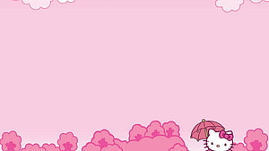 Hello Kitty with Pink Umbrella and Cherry Blossoms on Soft Pink Background HD wallpaper