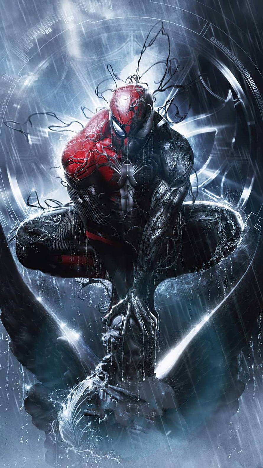 Spider-Man Symbiote Suit Crouching in Rain with Tech HUD Background, Spiderman and Venom, venom suit HD phone wallpaper