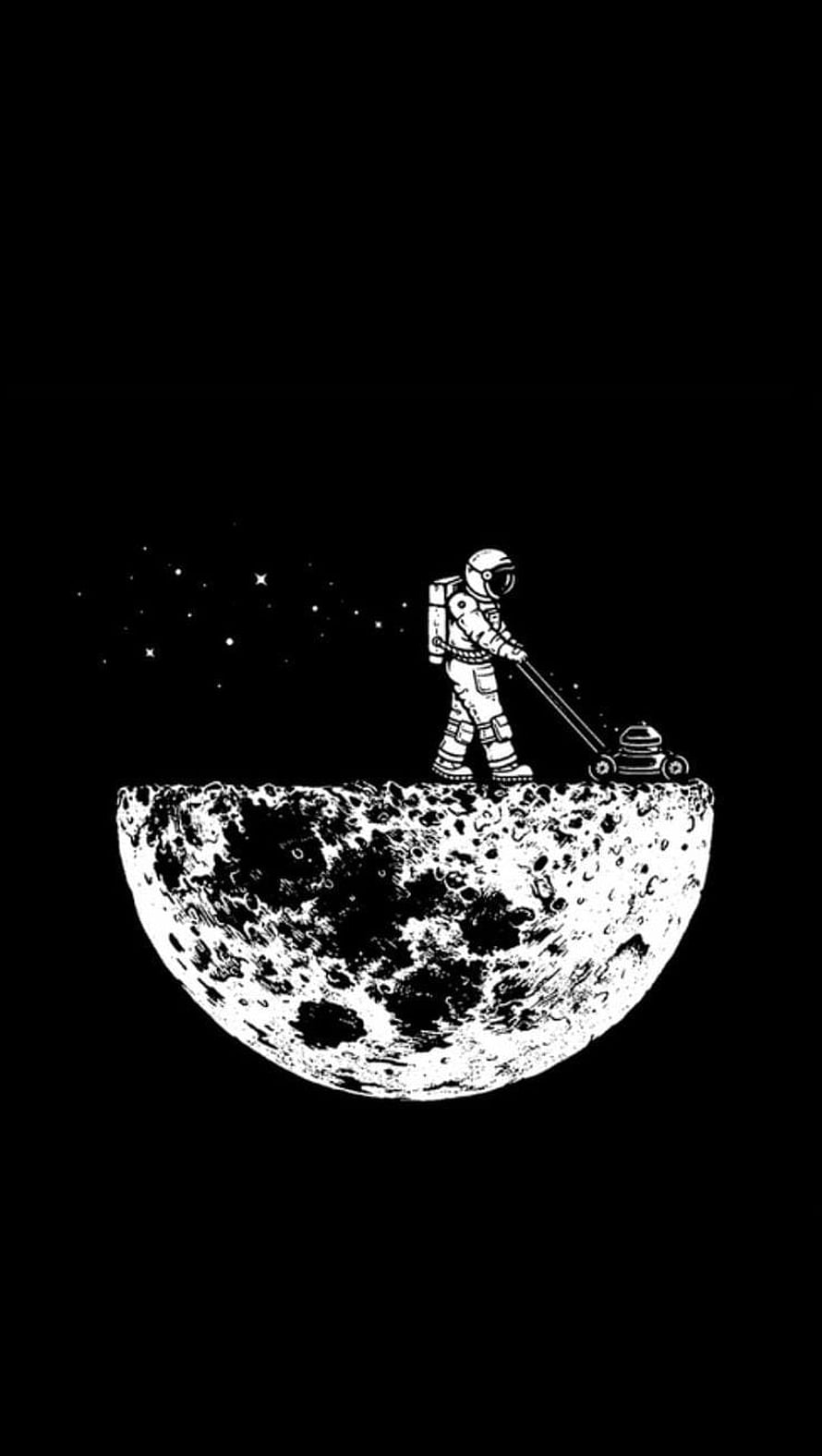 Minimalist Black and White Astronaut Mowing the Moon Surface Illustration HD phone wallpaper
