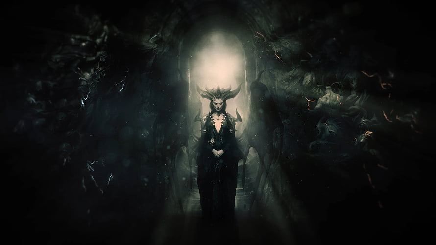 Lilith from Diablo IV Standing in a Dark Cavern with Ethereal Light and Horned Headdress HD wallpaper