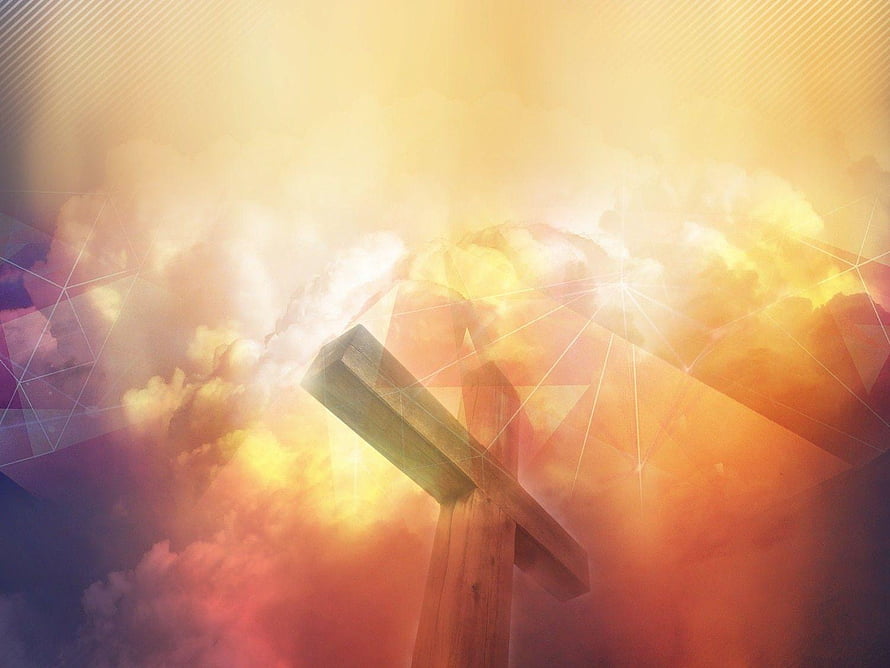 Wooden Cross Silhouette Against Golden Clouds With Geometric Light Rays HD wallpaper