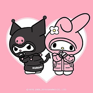Cute Kuromi and My Melody Sanrio Characters in Matching Hoodies on Pink Background HD wallpaper