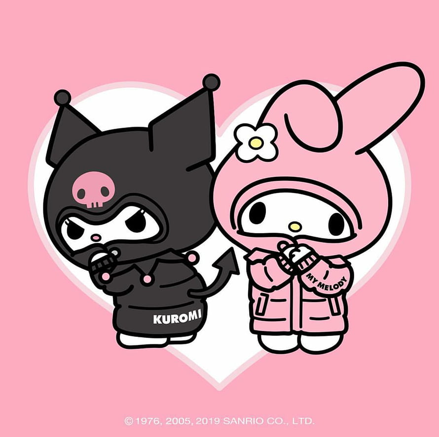 Cute Kuromi and My Melody Sanrio Characters in Matching Hoodies on Pink Background HD wallpaper