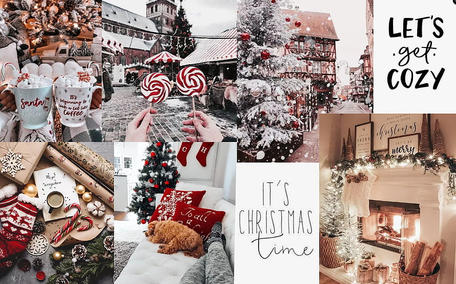 Cozy Christmas Aesthetic Collage Featuring Festive Markets, Decor, and Holiday Vibes HD wallpaper