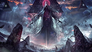 Cosmic Horror Digital Art Featuring a Celestial Entity and Floating Monoliths HD wallpaper