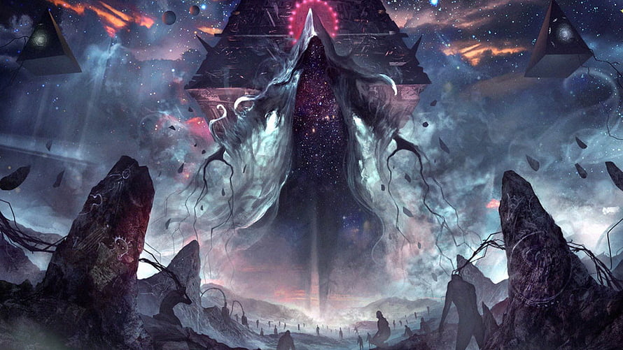 Cosmic Horror Digital Art Featuring a Celestial Entity and Floating Monoliths HD wallpaper