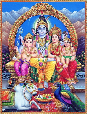 Lord Shiva Family Deity Painting with Ganesha, Parvati, Nandi, and Peacock HD phone wallpaper