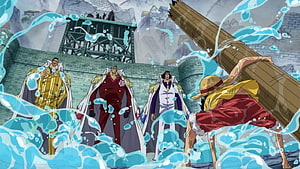 One Piece Marineford Arc: Luffy Confronts Admirals in Epic Water Battle HD wallpaper