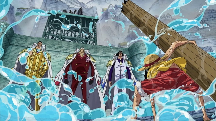 One Piece Marineford Arc: Luffy Confronts Admirals in Epic Water Battle HD wallpaper