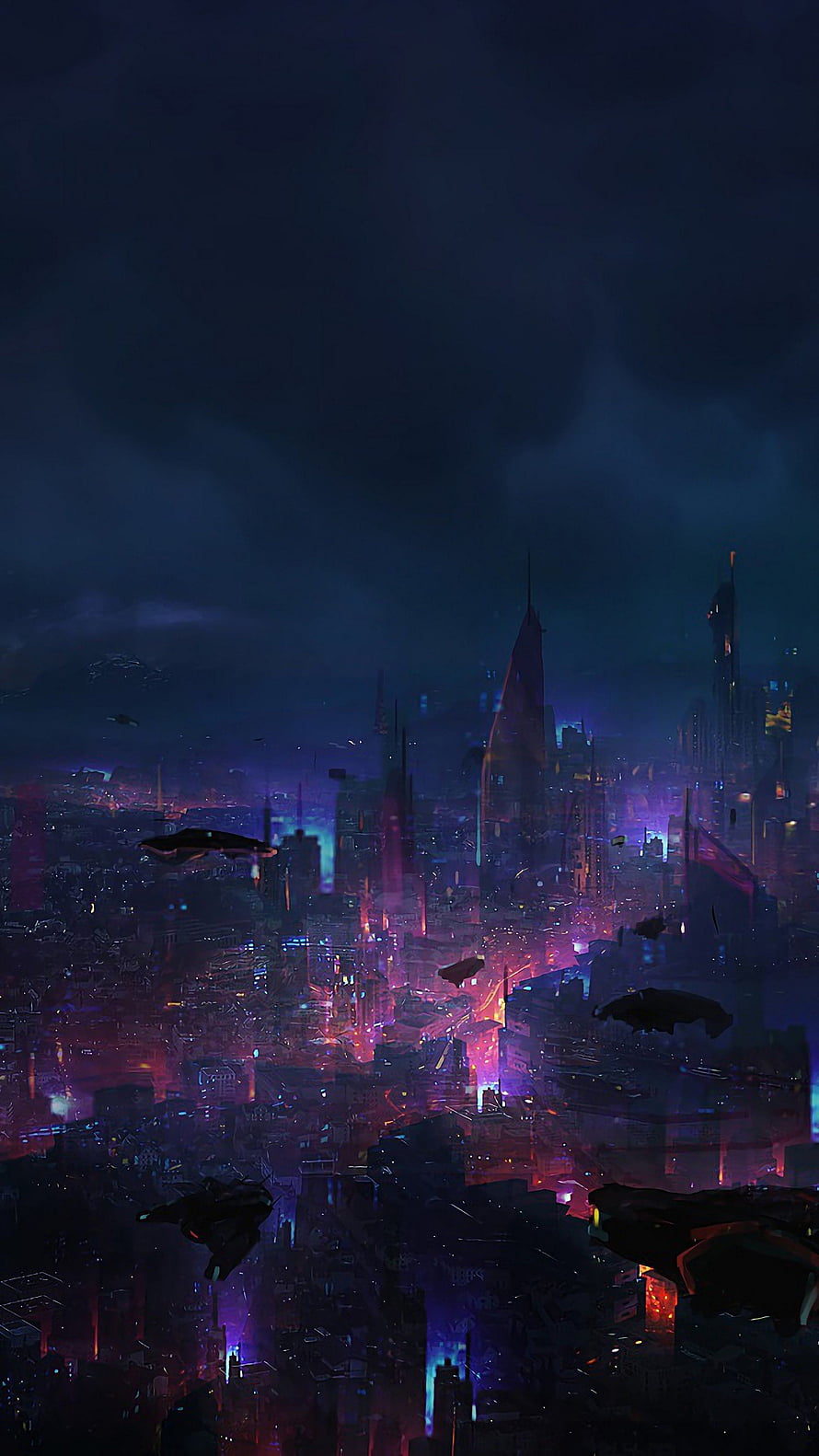 Futuristic Cyberpunk Cityscape at Night with Flying Vehicles and Neon Lights HD phone wallpaper