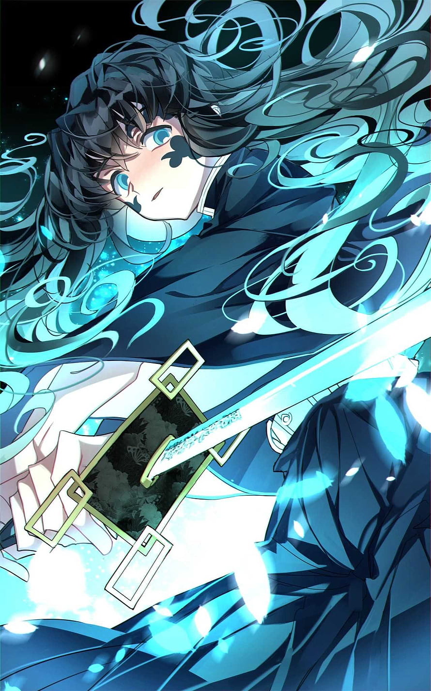 Anime Girl With Blue Hair And Glowing Sword In Dark Fantasy Style HD phone wallpaper