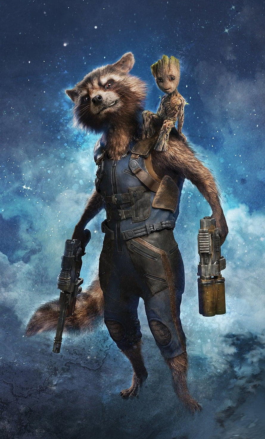 Rocket Raccoon and Baby Groot from Guardians of the Galaxy standing in space with dual blasters HD phone wallpaper