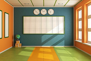 Bright and colorful empty classroom interior with whiteboard, globe, and stacked books HD wallpaper