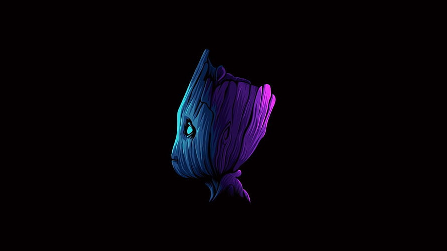 Baby Groot Neon Minimalist Portrait on Black Background HD wallpaper