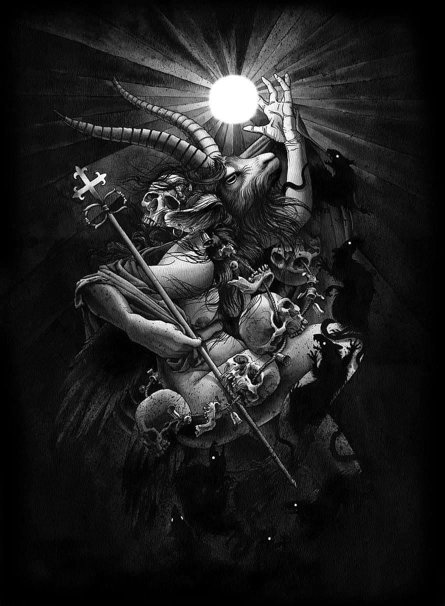 Baphomet Demon Figure Holding Cross Staff and Skulls in Dark Monochrome Illustration HD phone wallpaper