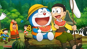 Doraemon and Nobita Enjoying Watermelon in a Sunny Forest HD wallpaper