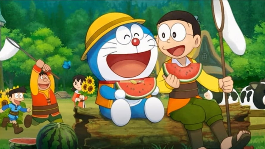 Doraemon and Nobita Enjoying Watermelon in a Sunny Forest HD wallpaper