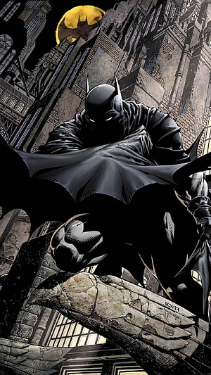 Batman Perched on Gargoyle in Dark Gotham City with Yellow Bat-Signal Moon, 5 Batman Mobile, batman screensaver HD phone wallpaper