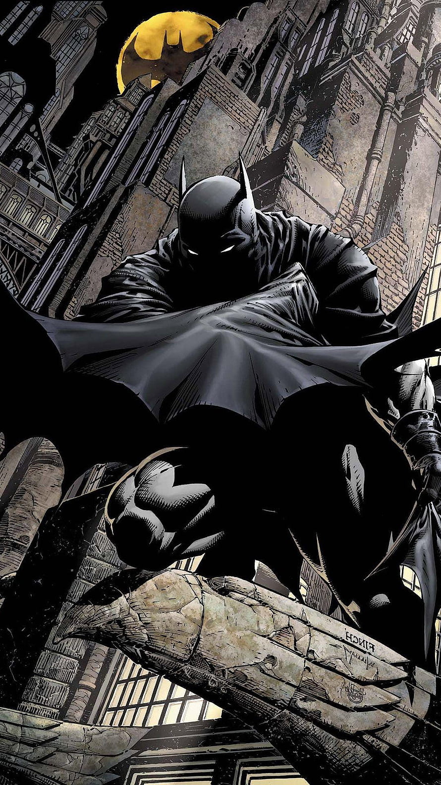 Batman Perched on Gargoyle in Dark Gotham City with Yellow Bat-Signal Moon, 5 Batman Mobile, batman screensaver HD phone wallpaper