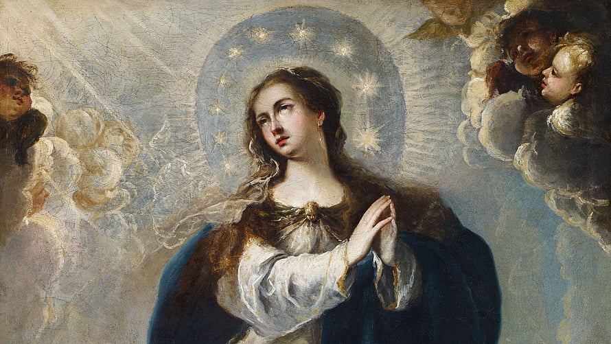 Classical Oil Painting of the Virgin Mary with Star Halo and Cherubs in Baroque Style HD wallpaper