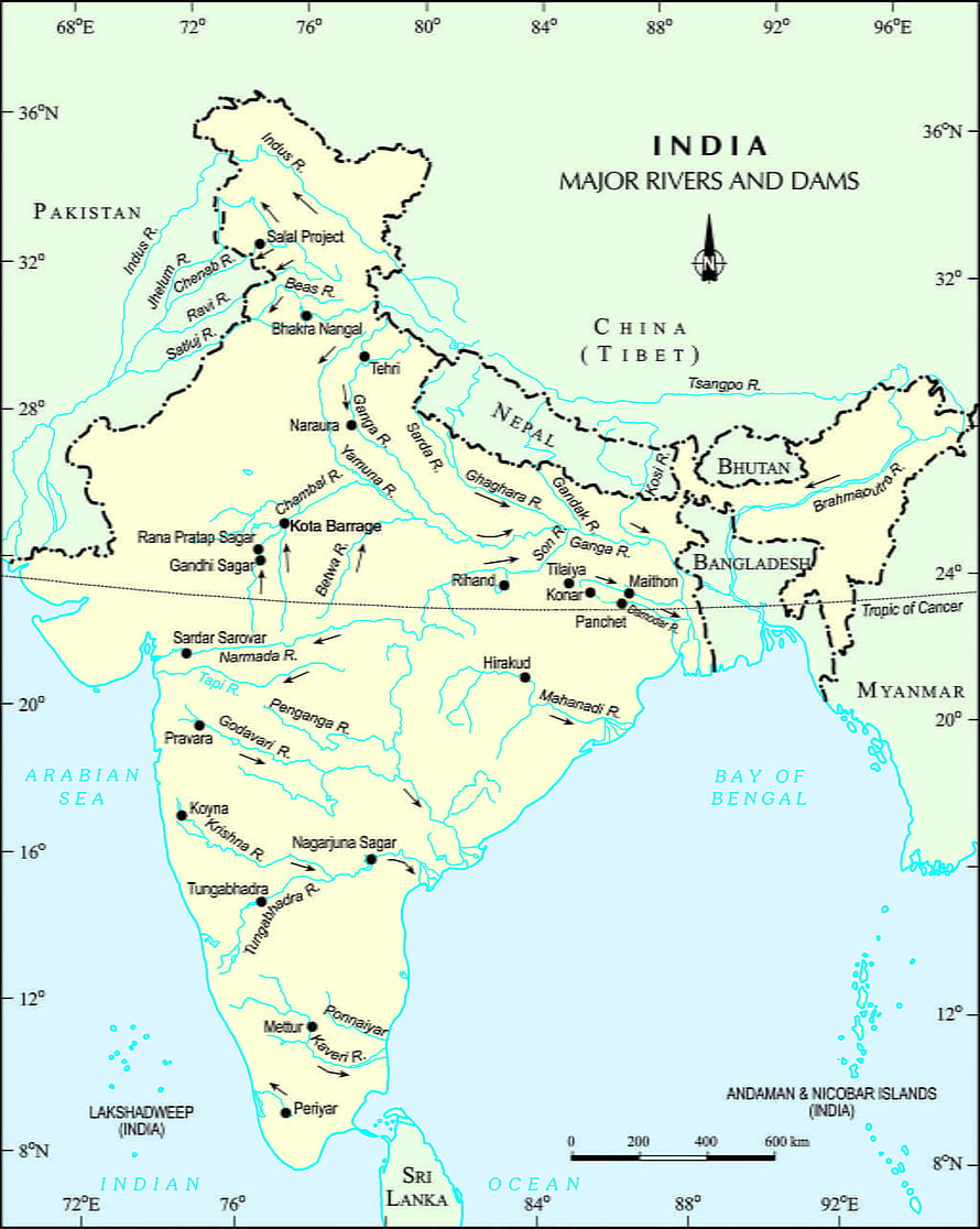 Detailed Map of India Showing Major Rivers and Dams with Geographic Boundaries HD phone wallpaper