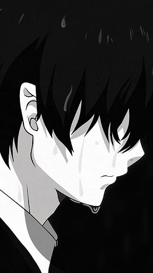 Sad Anime Boy Crying in Black and White HD phone wallpaper
