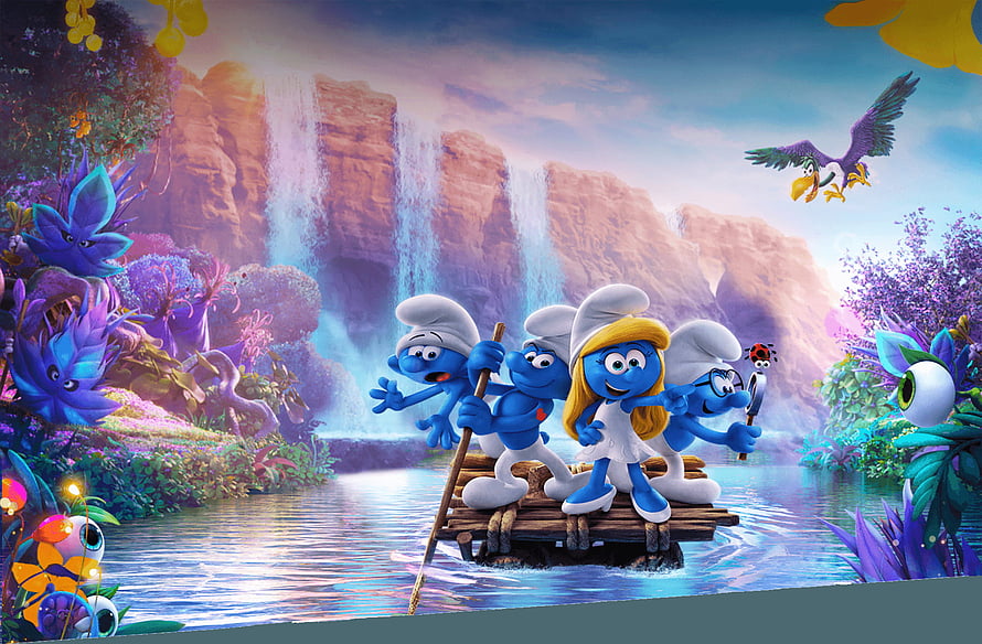Smurfs on a Raft in a Vibrant Fantasy Landscape with Waterfall and Colorful Flora HD wallpaper