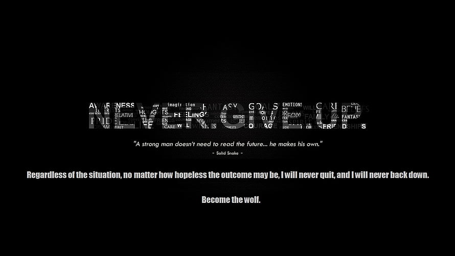 Solid Snake Quote and Motivational Word Cloud on Black Background HD wallpaper