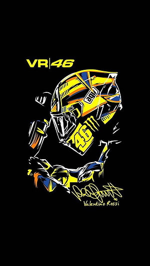 Valentino Rossi VR46 Stylized Motorcycle Helmet Illustration on Black Background HD phone wallpaper