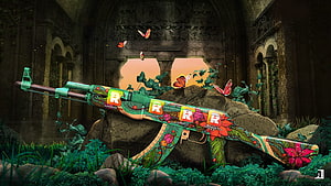 Floral AK-47 Weapon Skin in Overgrown Ruins with Butterflies HD wallpaper