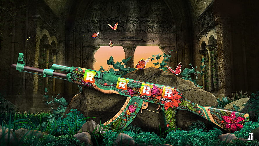 Floral AK-47 Weapon Skin in Overgrown Ruins with Butterflies HD wallpaper