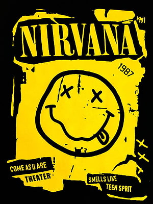 Nirvana Grunge Poster with Distressed Yellow Smiley Face and Album References HD phone wallpaper