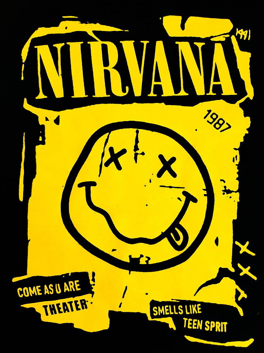 Nirvana Grunge Poster with Distressed Yellow Smiley Face and Album References HD phone wallpaper