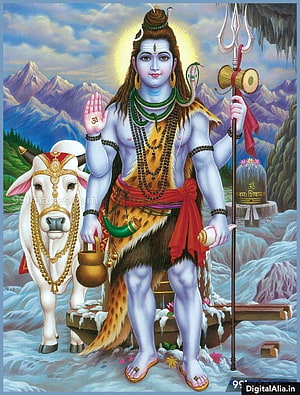 Lord Shiva with Nandi Bull, Trishul, and Damru in Himalayan Landscape HD phone wallpaper