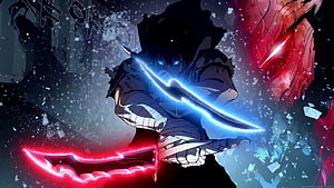 Sung Jinwoo wielding dual glowing blades in a dark battle scene HD wallpaper