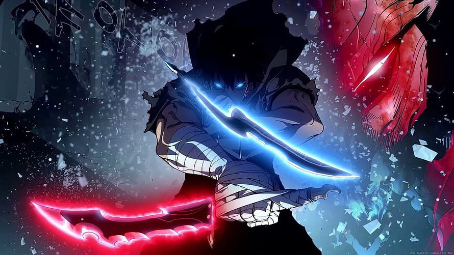 Sung Jinwoo wielding dual glowing blades in a dark battle scene HD wallpaper