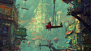 Fantasy Steampunk Cityscape with Girl on Swing and Floating Buildings HD wallpaper