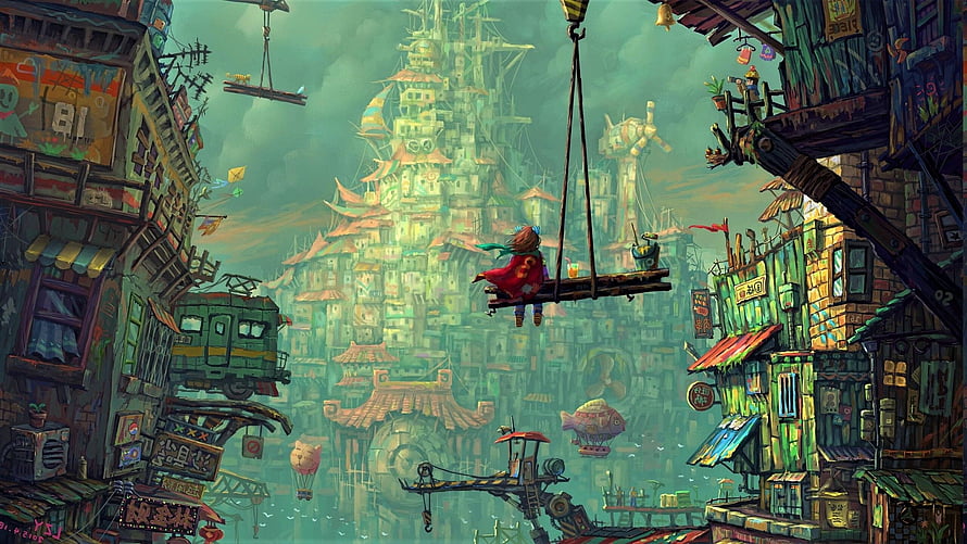 Fantasy Steampunk Cityscape with Girl on Swing and Floating Buildings HD wallpaper