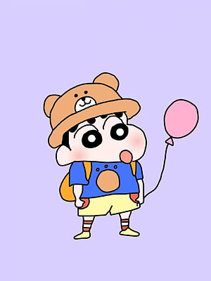 Crayon Shin-chan in a Bear Hat Holding a Pink Balloon on a Lavender Background HD phone wallpaper