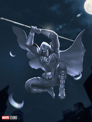 Moon Knight Concept Art Leaping Through the Night Sky with Crescent Moons HD phone wallpaper